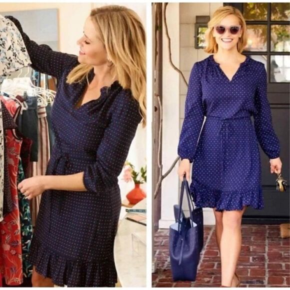 Draper James Multi Dot Popcover Dress ASO Reese Witherspoon sz Large Navy blue - Picture 2 of 10